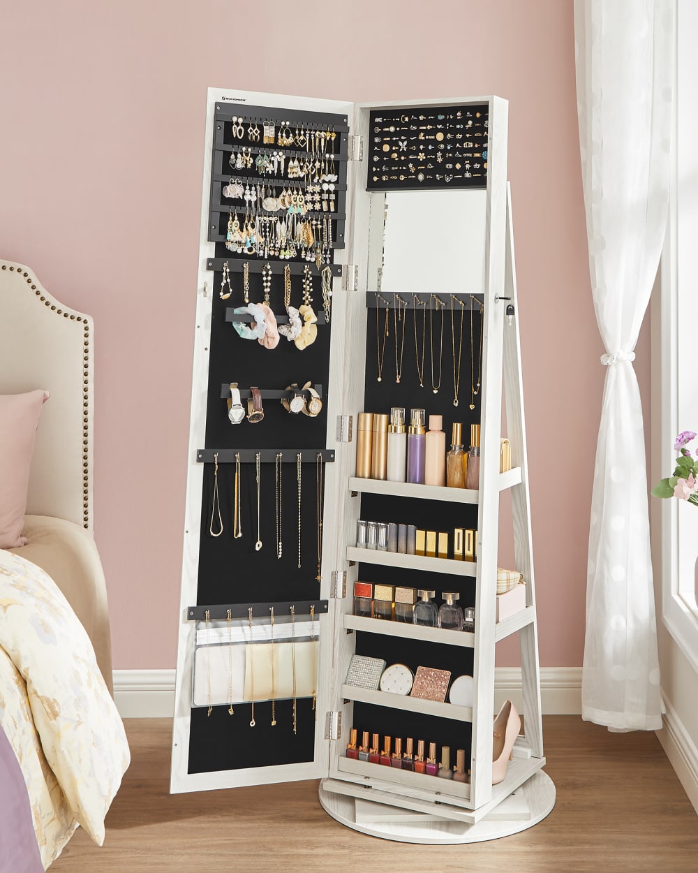 Armoire à bijoux avec miroir à miroir rotative blanc