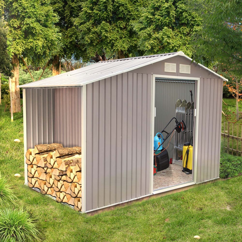 Abri de jardin avec abri bûches 6,53 m² en acier gris