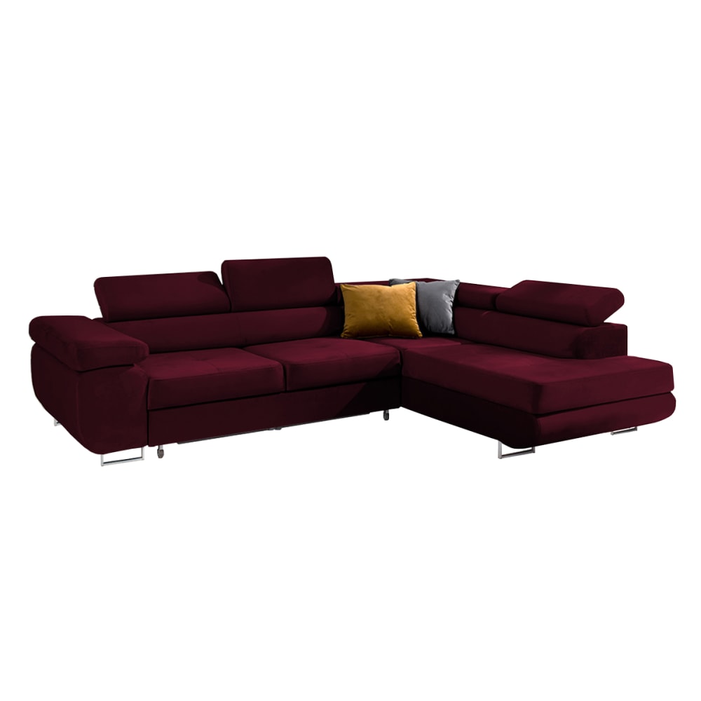 Canapé d'angle convertible droit 4 places tissu velours bordeaux