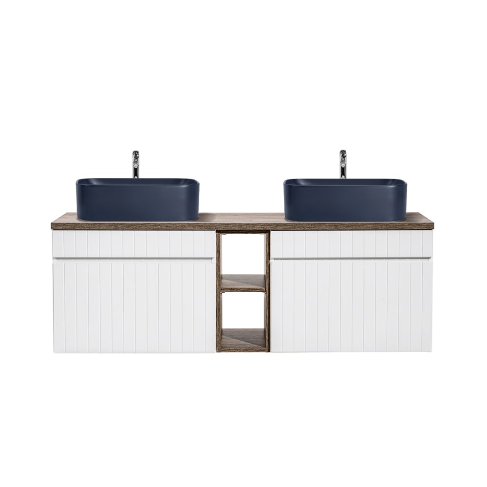 Petits meubles Doppelwaschtisch 140cm 2 Nischen Holz Laminierte Platten Weiß Weiß Spanplatte