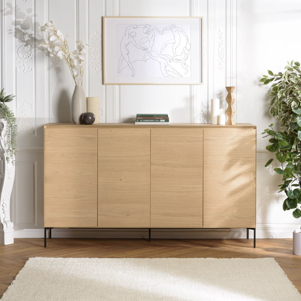 MACABANE Naturfarbenes Sideboard, 4 Türen, 6 Regalböden, schwarze Metallfüße style classic chic Beige Holz
