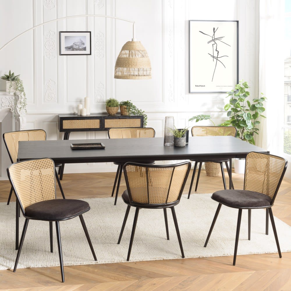 MACABANE 2er Set Stühle aus Stoff und Rohrgeflecht-Optik, schwarz - Rattan