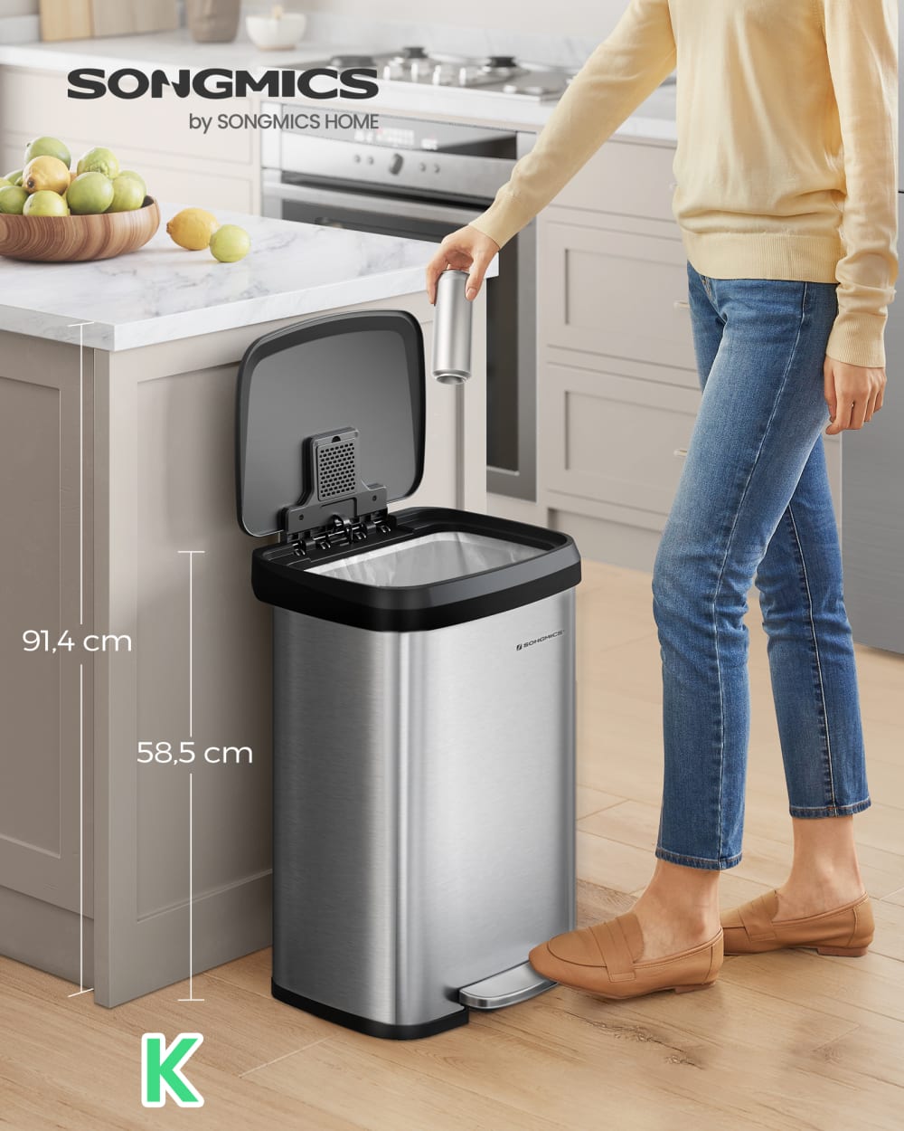 SONGMICS Poubelle de cuisine à pédale silencieuse en acier inoxydable 50 l noir Argenté Métal