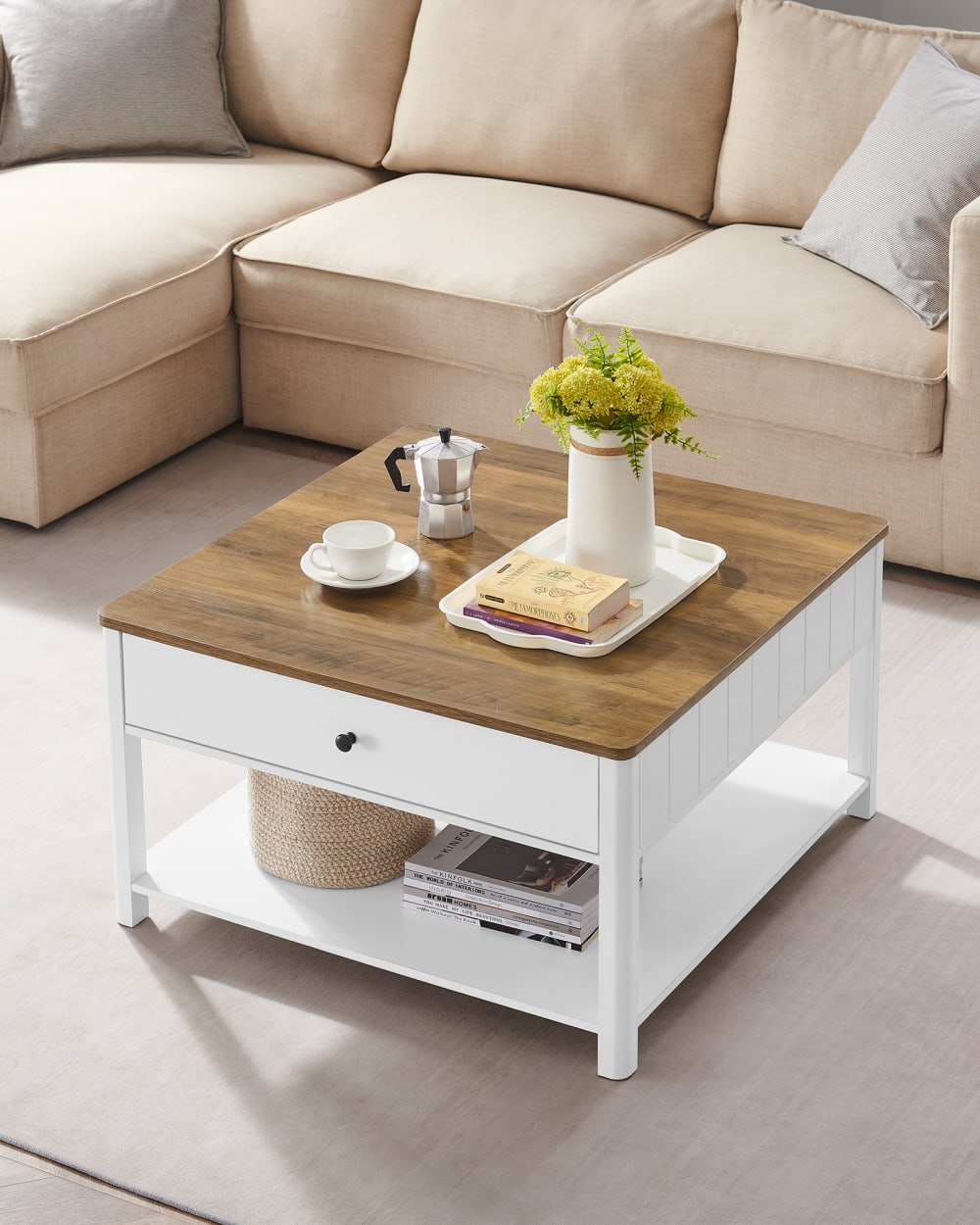 Table basse en bois avec 2 tiroirs 80 x 80 x 45 cm blanc et noyer - Maisons du Monde