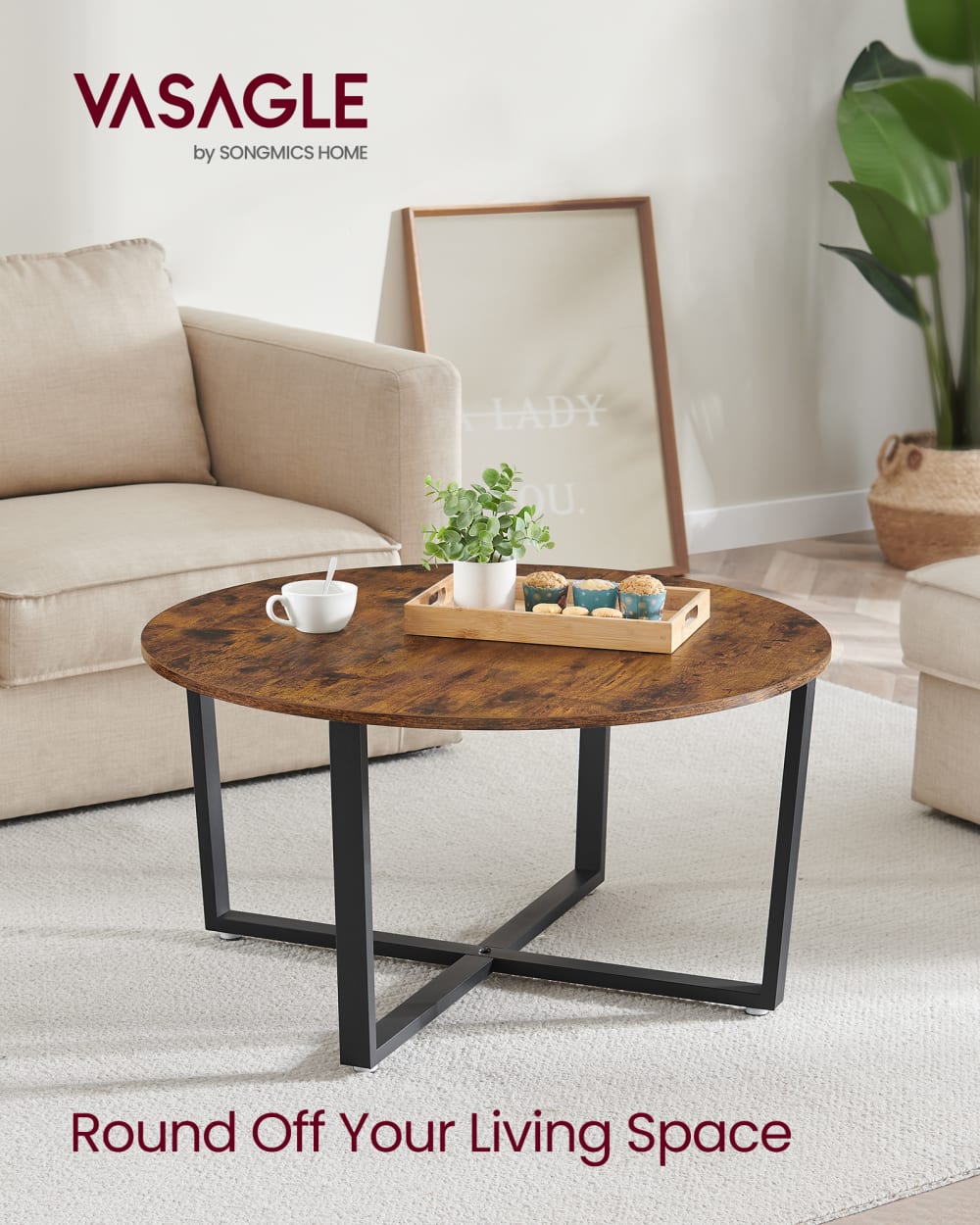 Table de salon basse ronde style industriel cadre marron et noir - Maisons du Monde