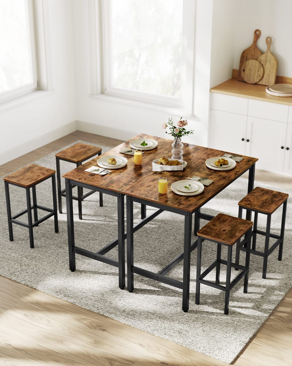 Ensemble table de bar avec 2 tabourets effet bois marron rustique