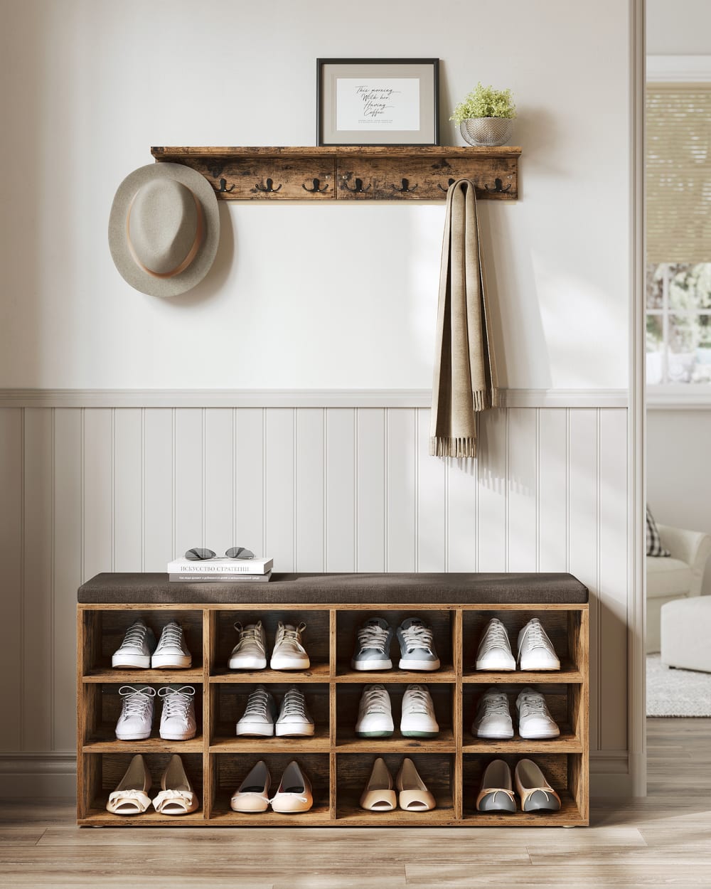 Banc à chaussures rangement avec siège rembourré marron - Maisons du Monde