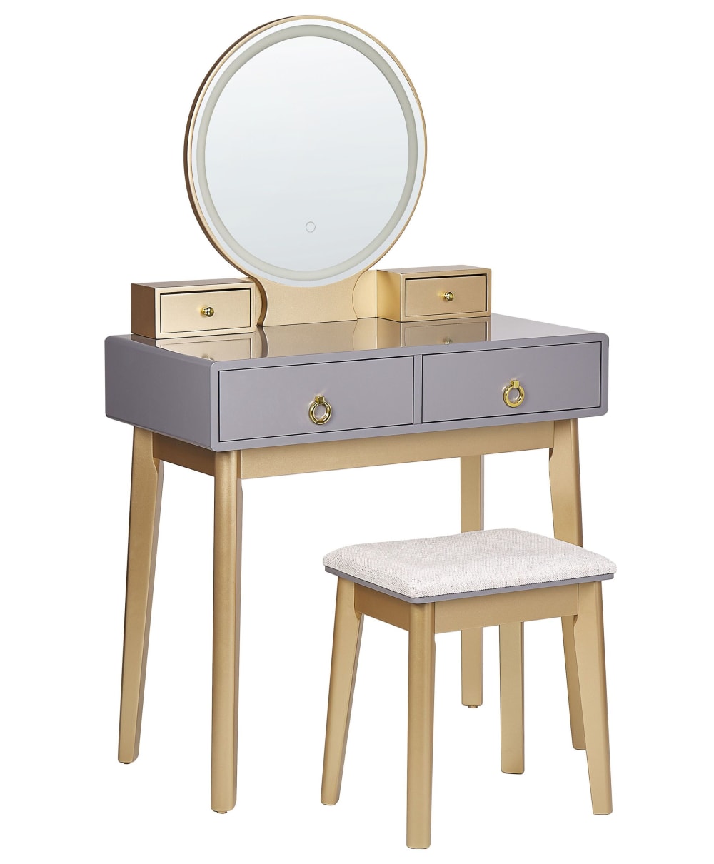 Coiffeuse avec miroir et tabouret led gris