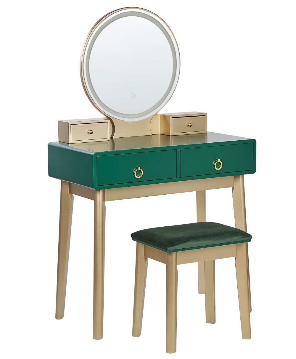 Coiffeuse avec miroir et tabouret led vert émeraude