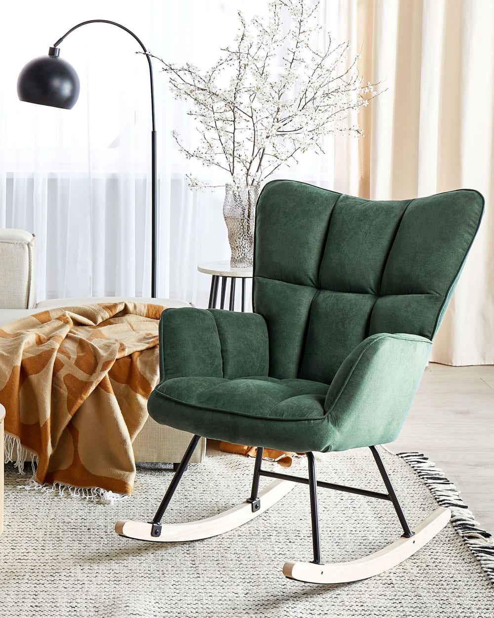 Fauteuil à bascule tissu vert émeraude