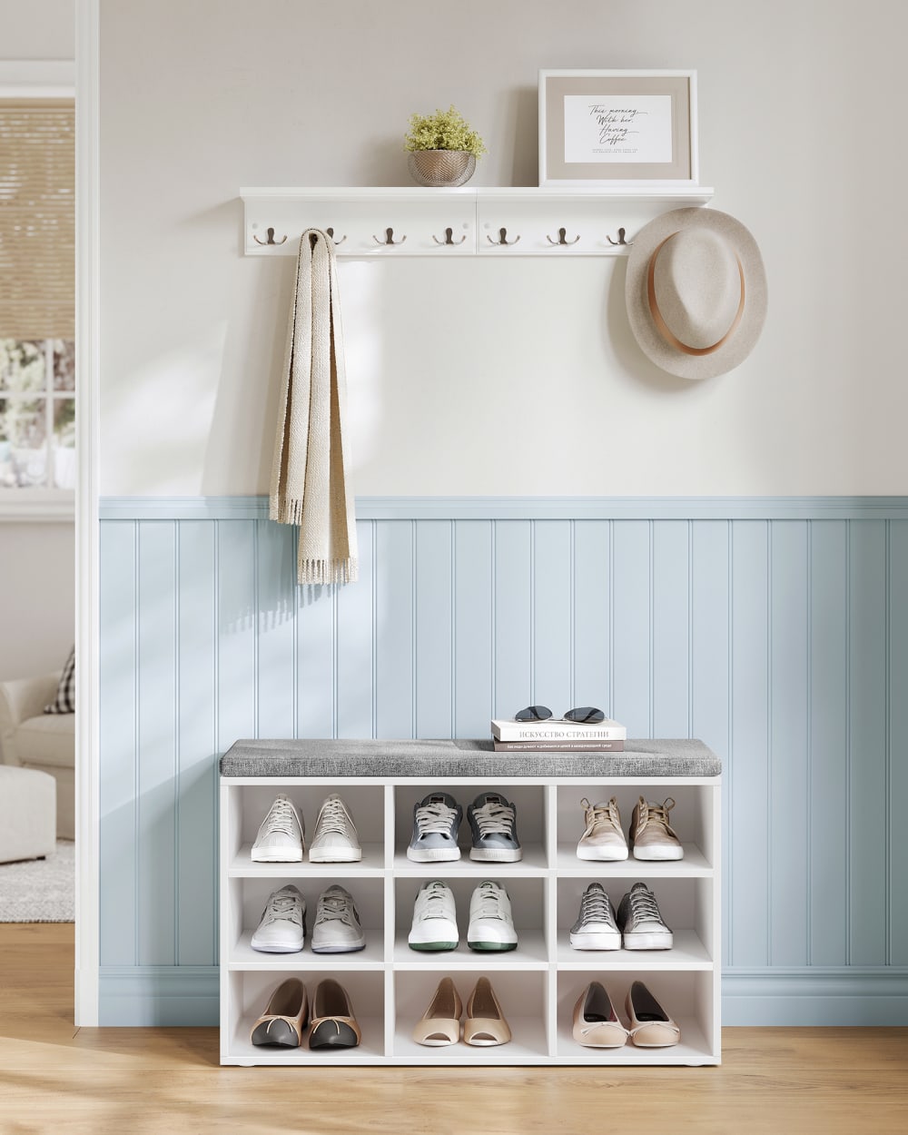 Banc à chaussures rangement avec siège rembourré blanc et gris - Maisons du Monde