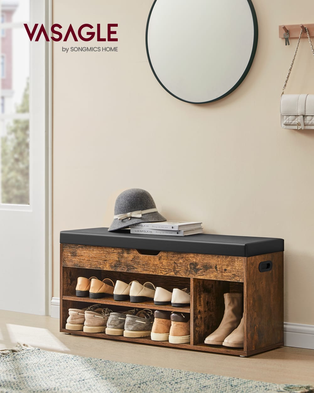 Banc à chaussures rembourré 3 compartiments 150 kg marron - Maisons du Monde