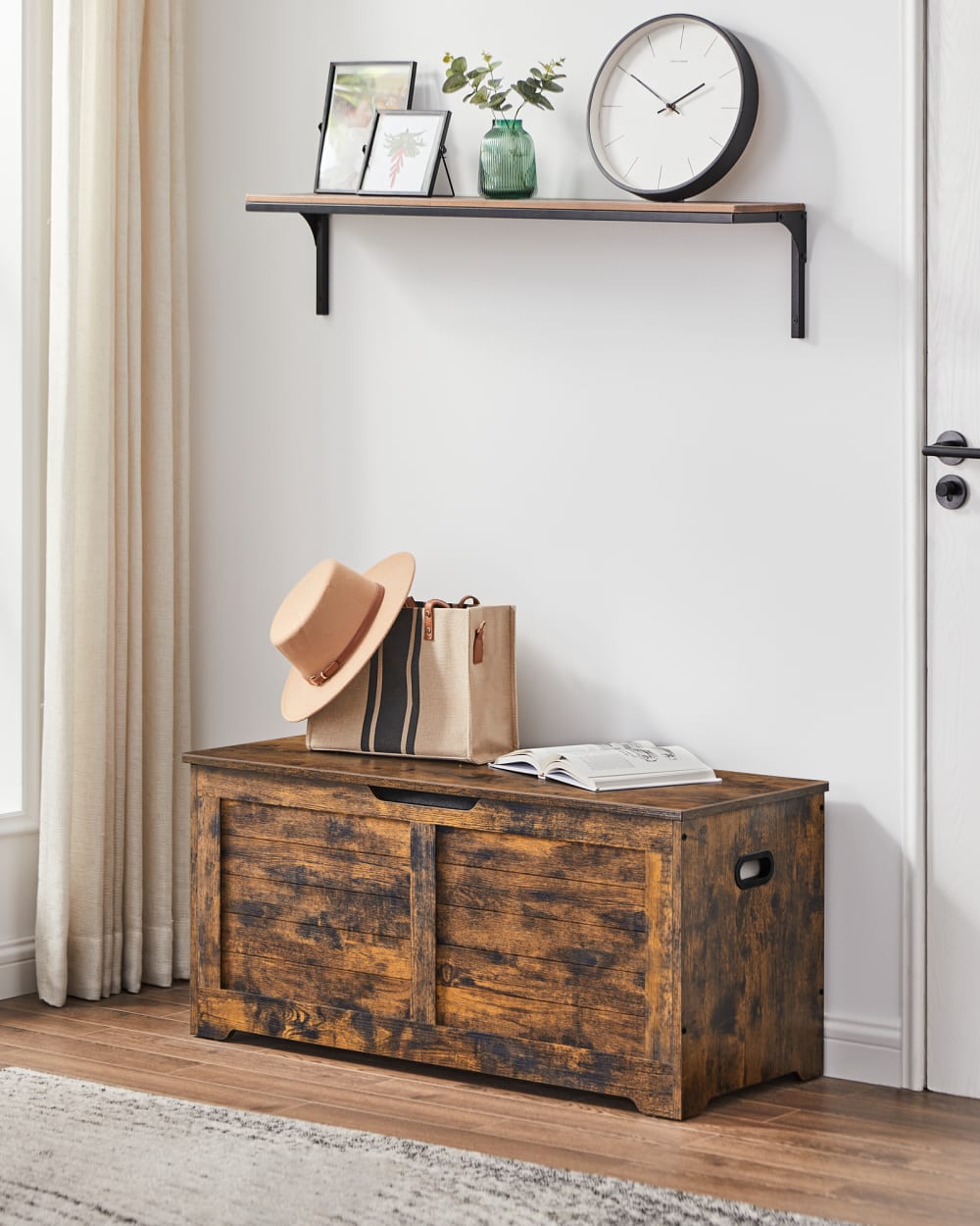 Coffre de rangement style industriel effet bois marron rustique