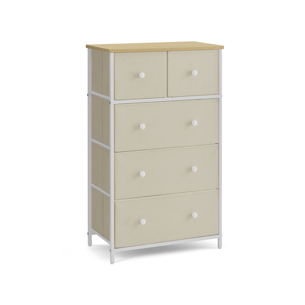 Commode 5 tiroirs en tissu effet bois blanc crème
