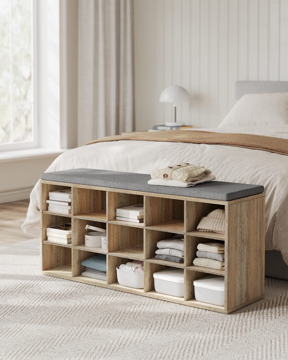 Banc à chaussures rangement avec siège rembourré marron et gris - Maisons du Monde