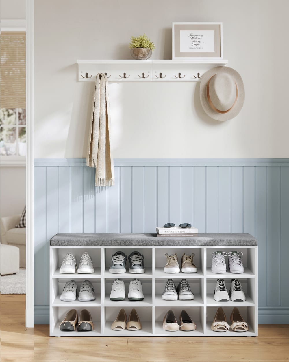 Banc à chaussures rangement avec siège rembourré blanc et gris - Maisons du Monde