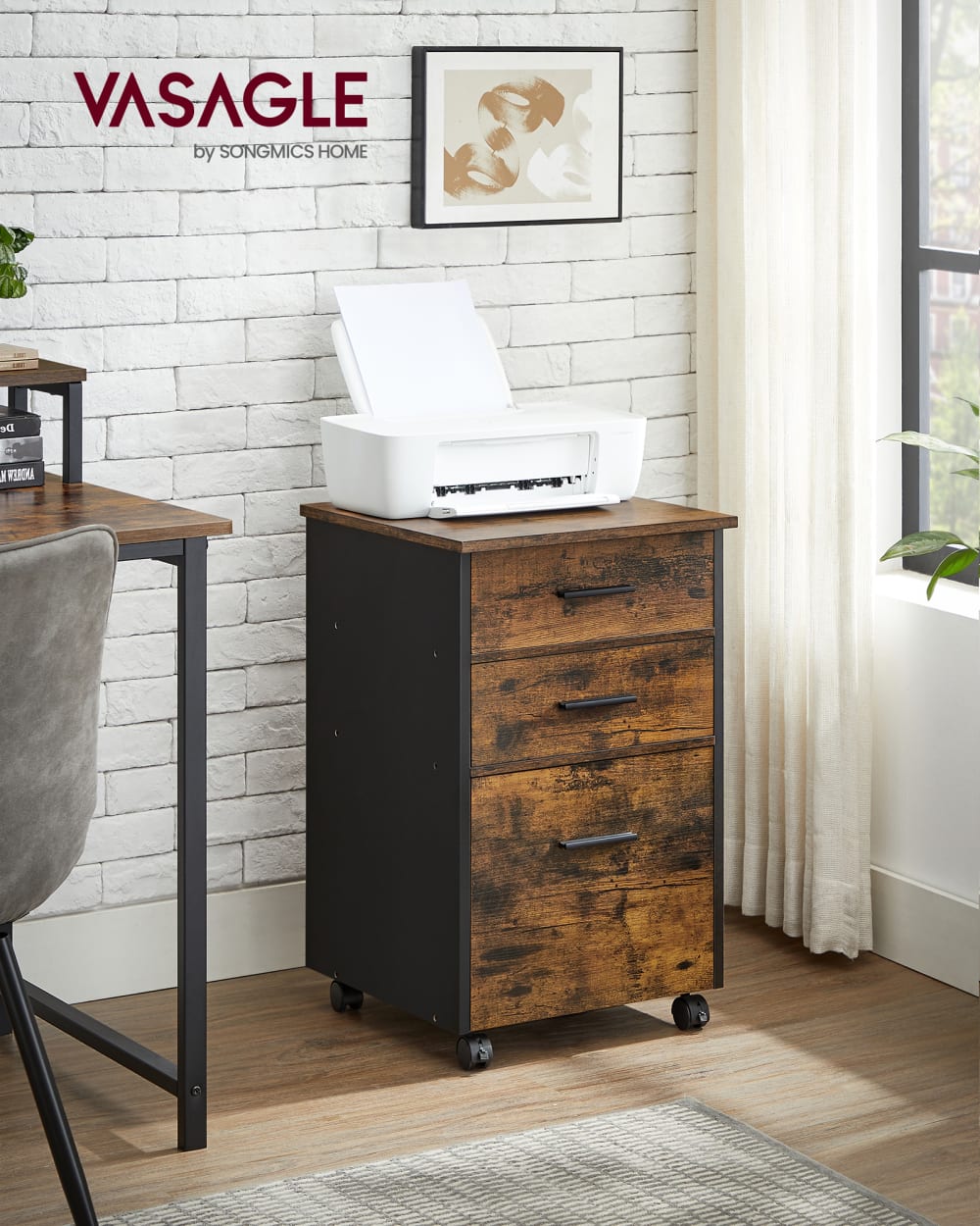 VASAGLE Caisson bureau 3 tiroirs petit meuble 43 x 42 x 69 cm marron et noir Marron Bois - 43x68x42cm