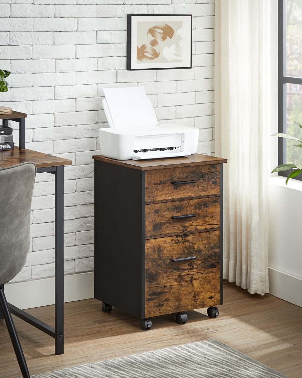 Caisson bureau 3 tiroirs petit meuble 43 x 42 x 69 cm marron et noir - Maisons du Monde