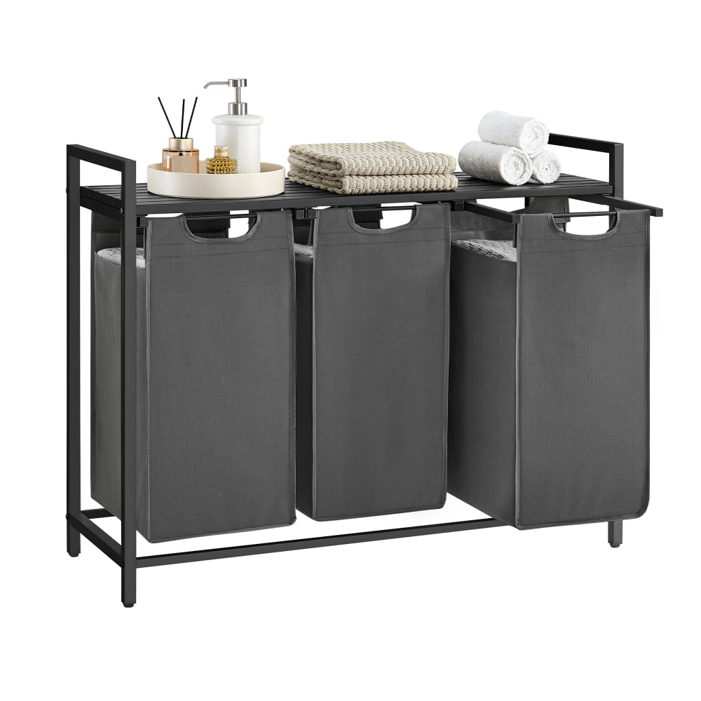 Panier à linge 3 compartiments 120 l 92.5 x 33 x 72 cm gris et noir Panier à linge 3 compartiments 120 l 92.5 x 33 x 72 cm gris et noir