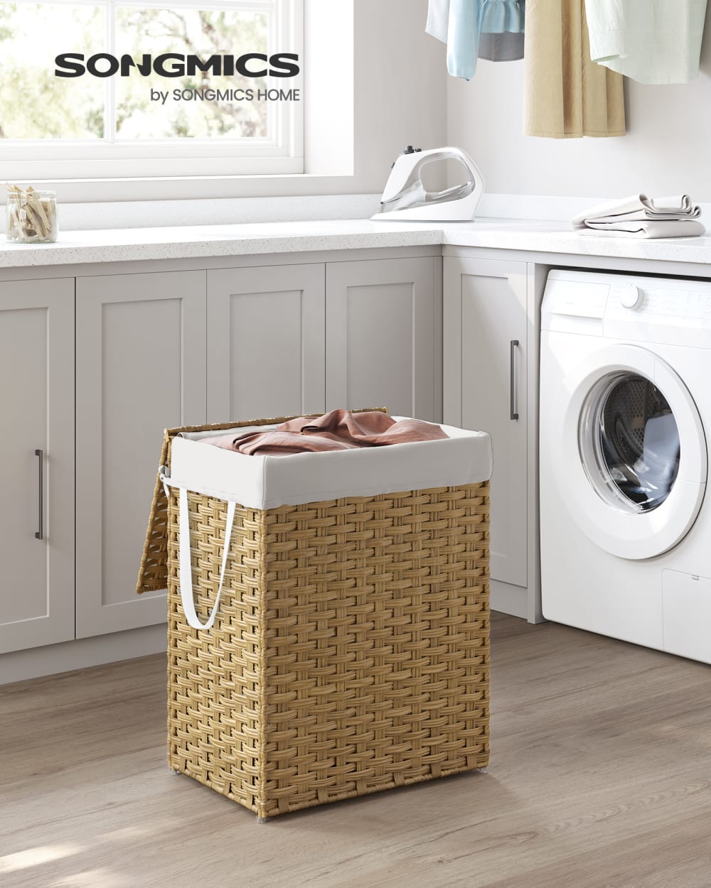 Panier à linge en rotin synthétique pliable jaune et blanc