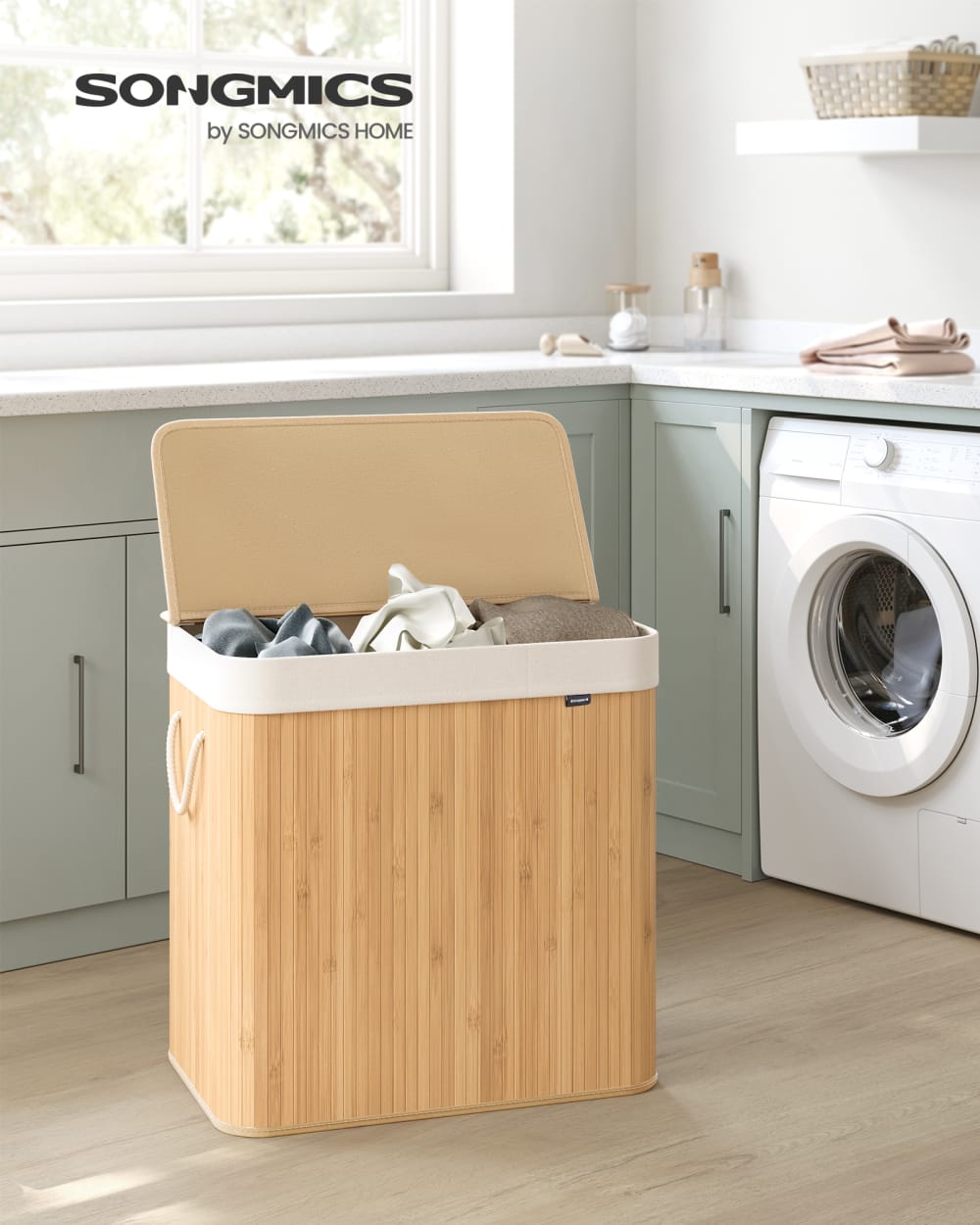 Panier à linge avec couvercle bambou avec poignées pliable sac 150 l - Maisons du Monde