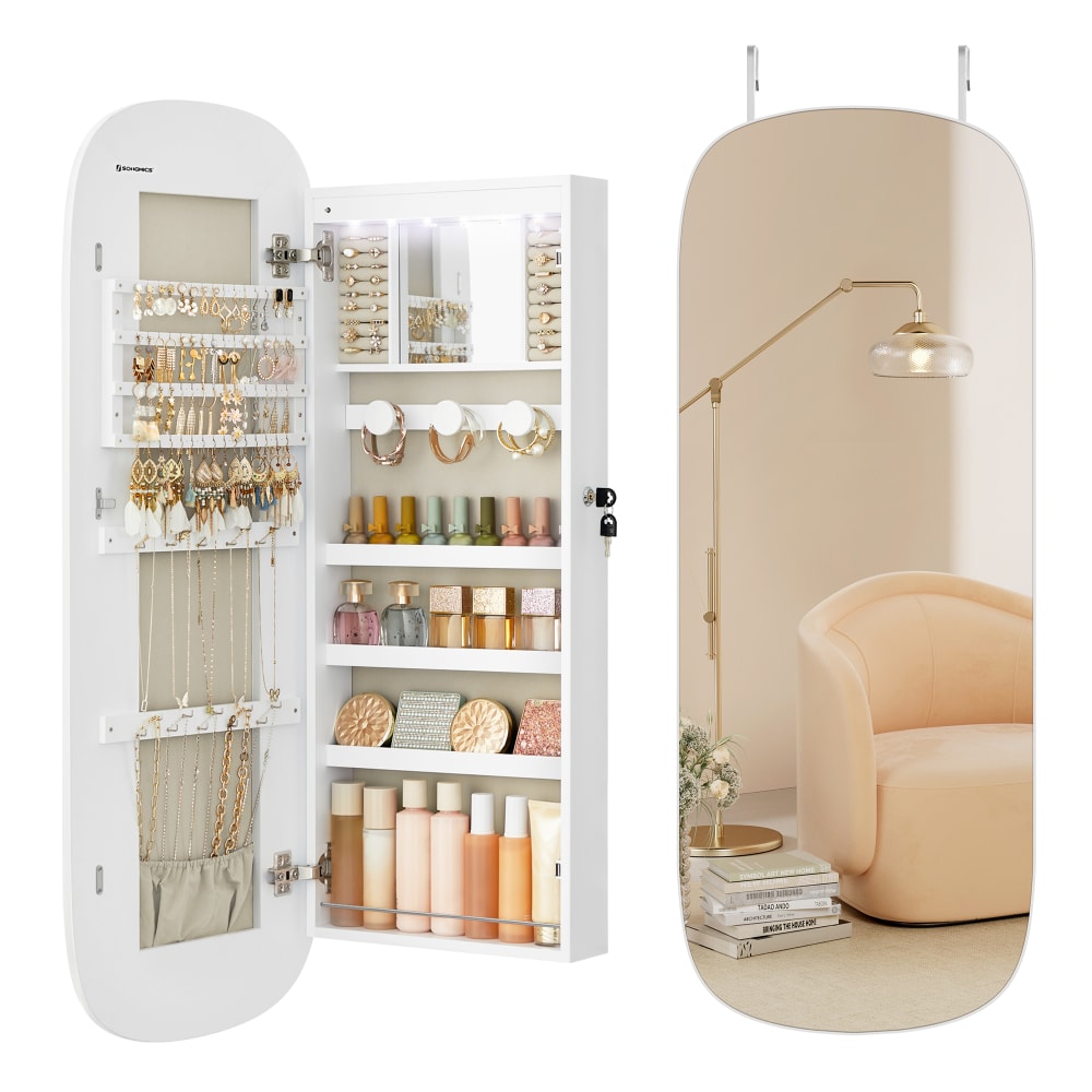 SONGMICS Armoire à bijoux avec et serrure blanc style contemporain Blanc Panneau De Particules - 42x108x10cm