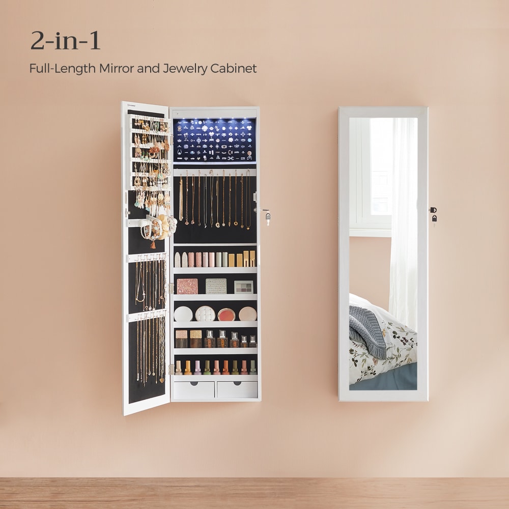 Armoire à bijoux murale avec miroir effet bois blanc