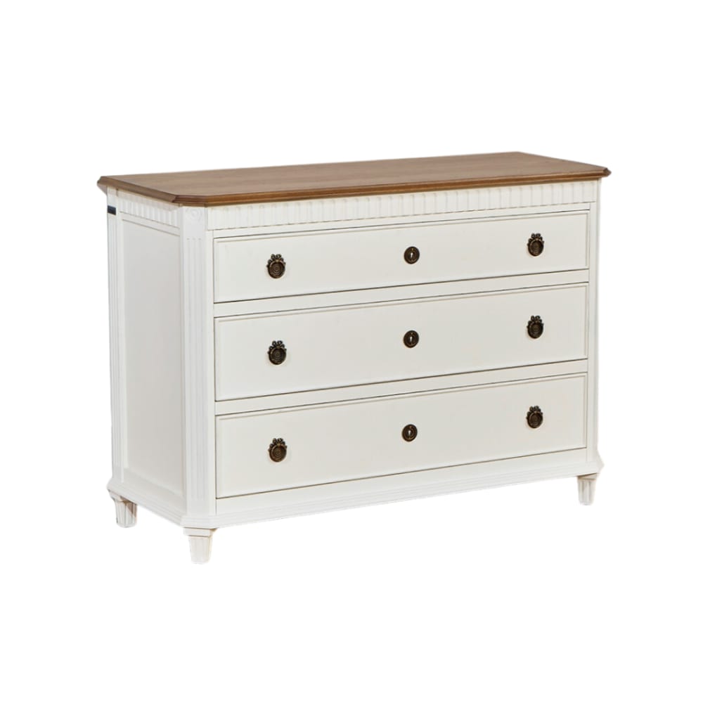 Robin des Bois Kommode mit 3 Schubladen und Eichenplatte Weiß style classic chic Weiß Holz