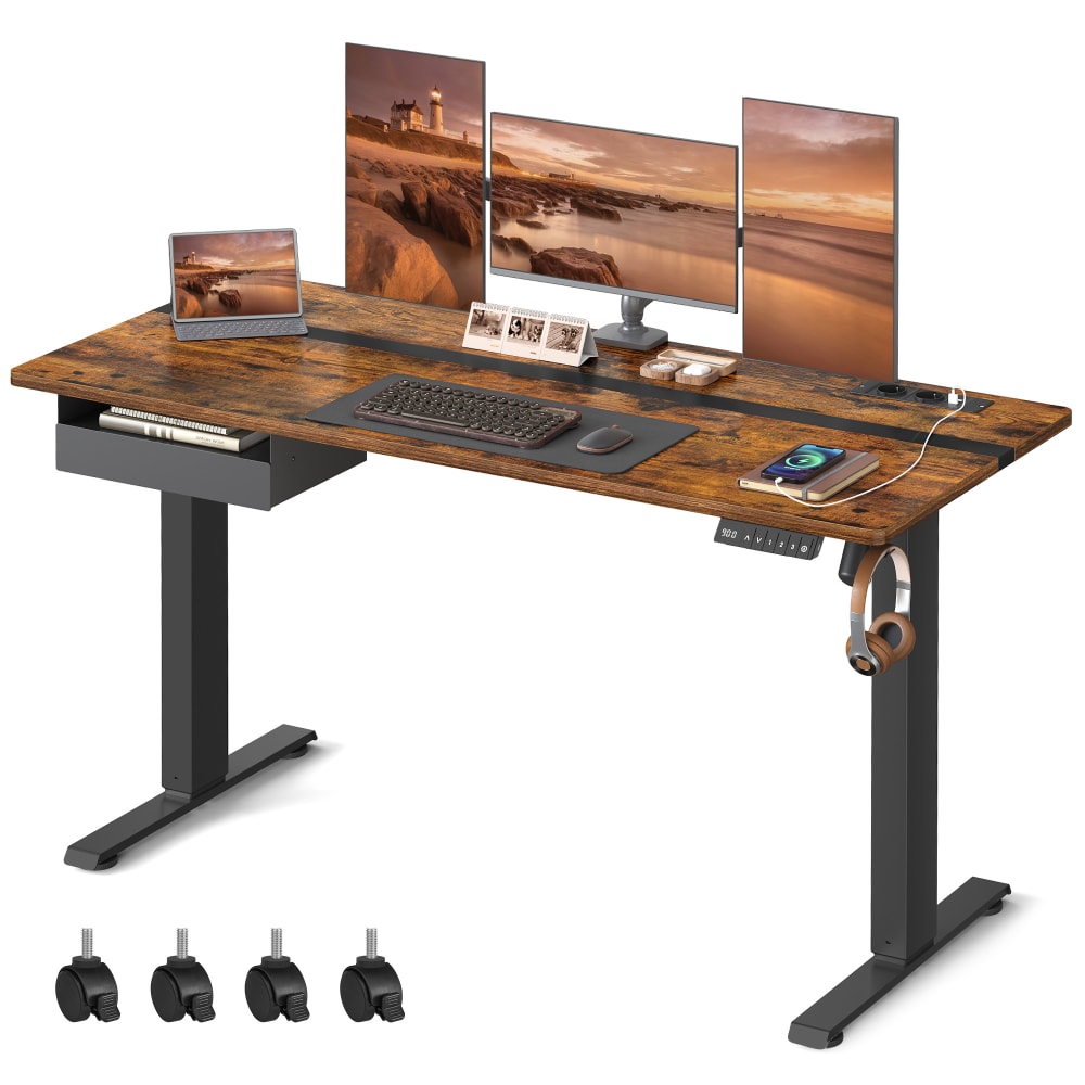 VASAGLE Bureau réglable en hauteur fonction mémoire 140 x 60 cm marron et noir Marron Bois - 140x73x60cm