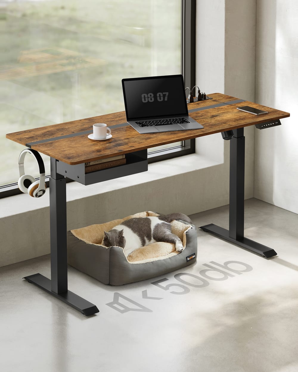 Bureau assis-debout 140 cm effet bois marron rustique