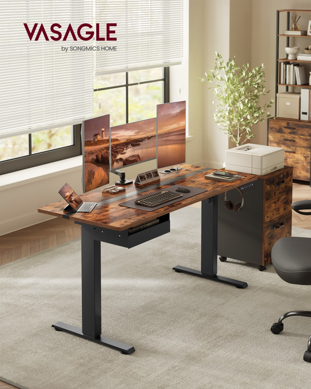 Bureau réglable en hauteur fonction mémoire 140 x 60 cm marron et noir - Maisons du Monde