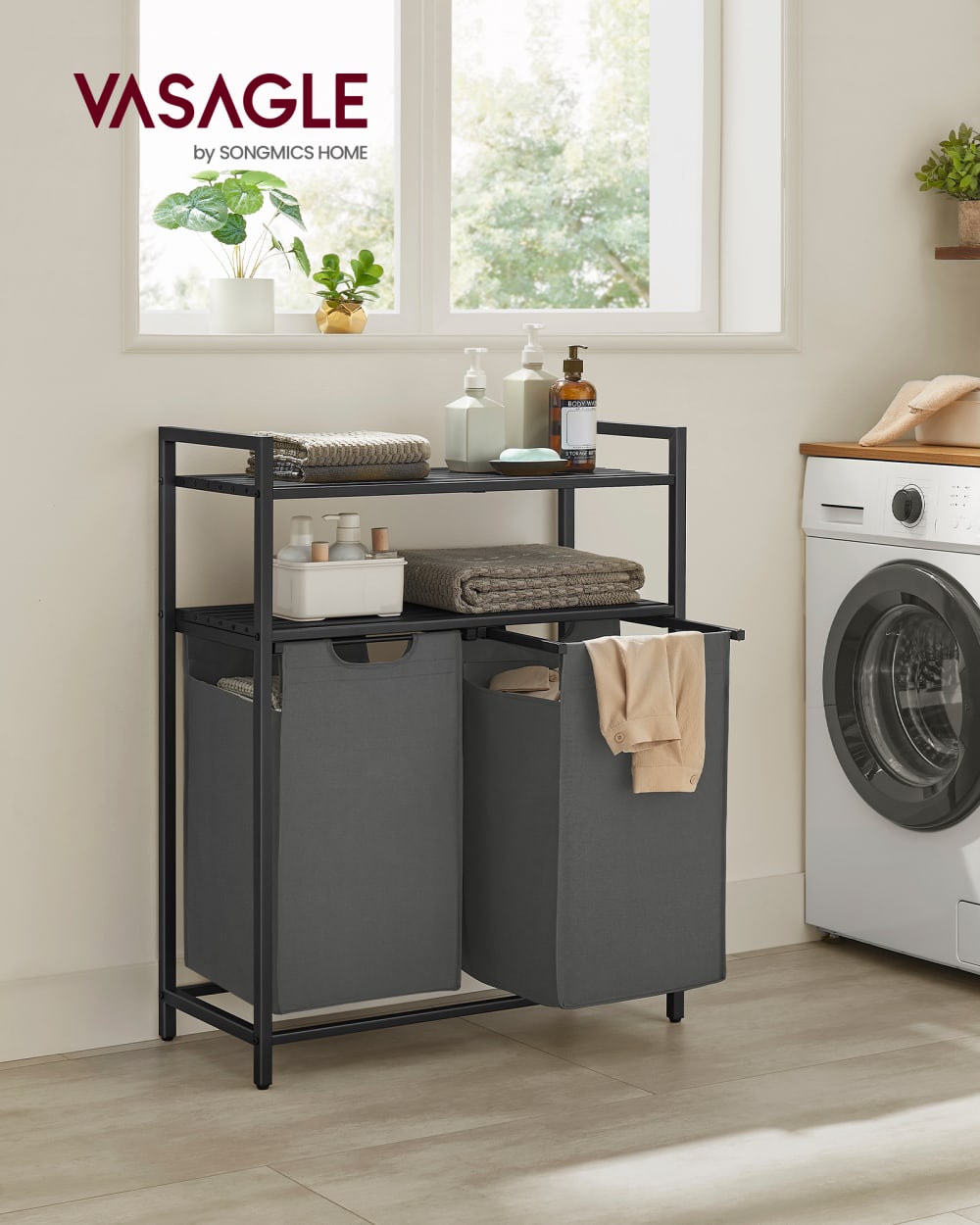 Panier à linge 2 compartiments 92 l 73 x 33 x 92 cm gris et noir