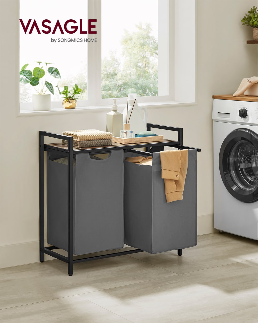Panier à linge 2 compartiments 92 l 73 x 33 x 72 cm gris et marron - Maisons du Monde