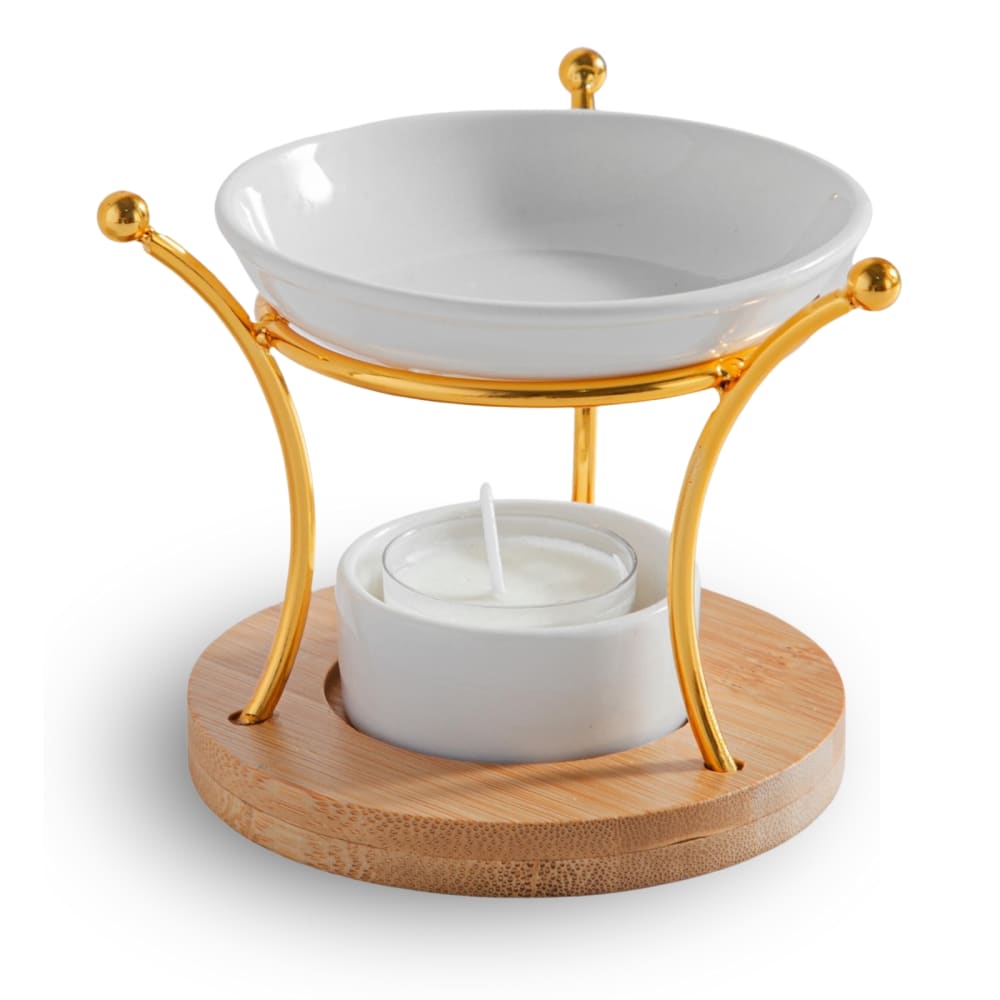 Brûle parfum etna en métal, bambou et céramique blanche - H10,5cm