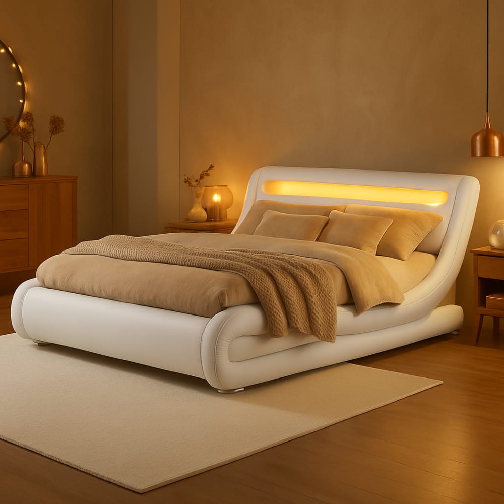 Bettgestell mit led 160 x 200 cm in weißem PU-leder - Maisons Du