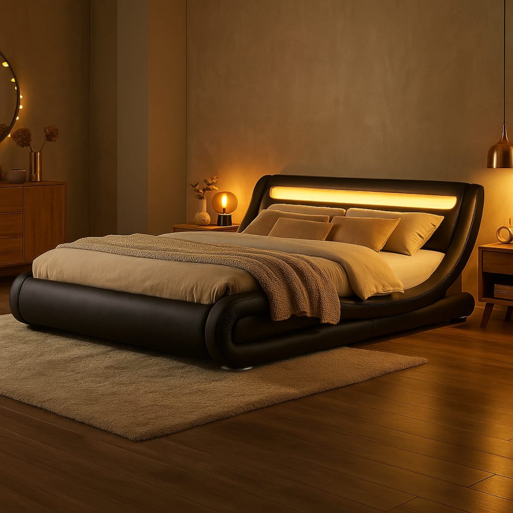 Bettgestell mit led 160 x 200 cm in schwarzem PU-leder - Maisons