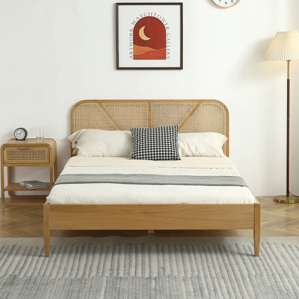 Pack lit 140x190 en bois et cannage + matelas mémoire de forme - Maisons du Monde