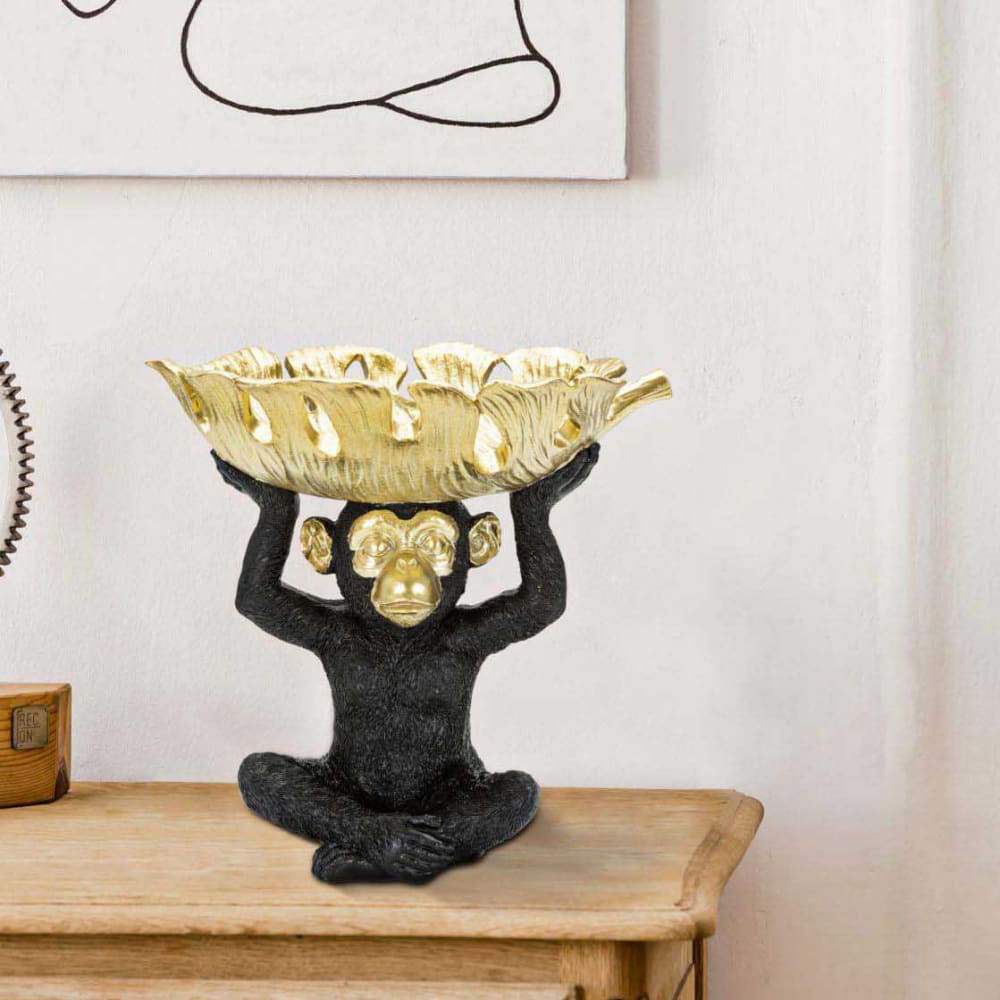 Singe avec porte-objets en résine noire et dorée cm 25,2x21x24 — vue 3