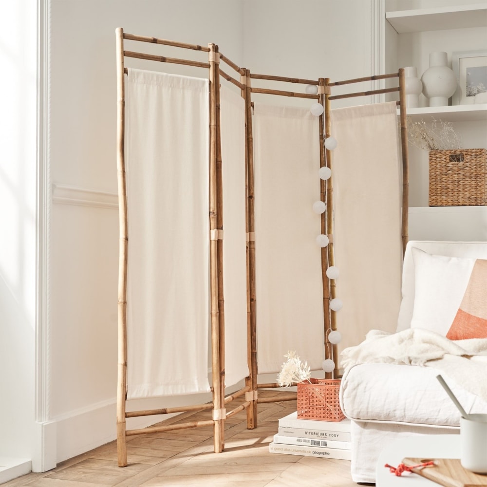 Paravent d'intérieur 4 panneaux en tissu blanc et bambou 160 x 160 cm