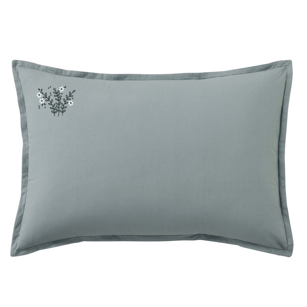 Taie d'oreiller brodée en percale de coton bleu 50x70