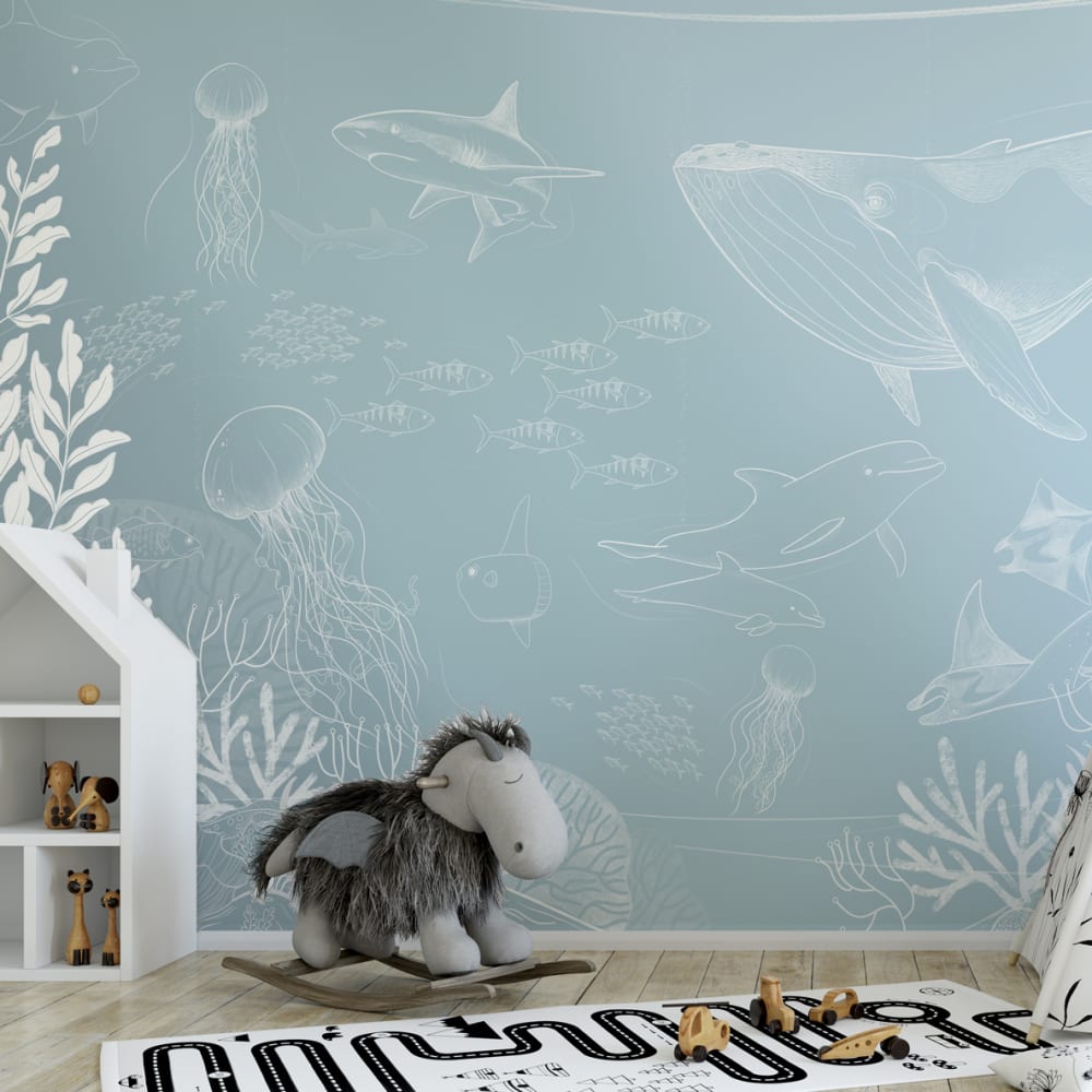 Acte Deco Panorama-Vliestapete Ozean und Meerestiere, Himmelblau 375 x style modern Öko-Tex Zertifikat Papier Kinder