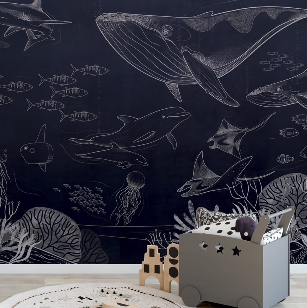 Acte Deco Panorama-Vliestapete Ozean und Meerestiere, Nachtblau 225 x style modern Öko-Tex Zertifikat Papier Kinder