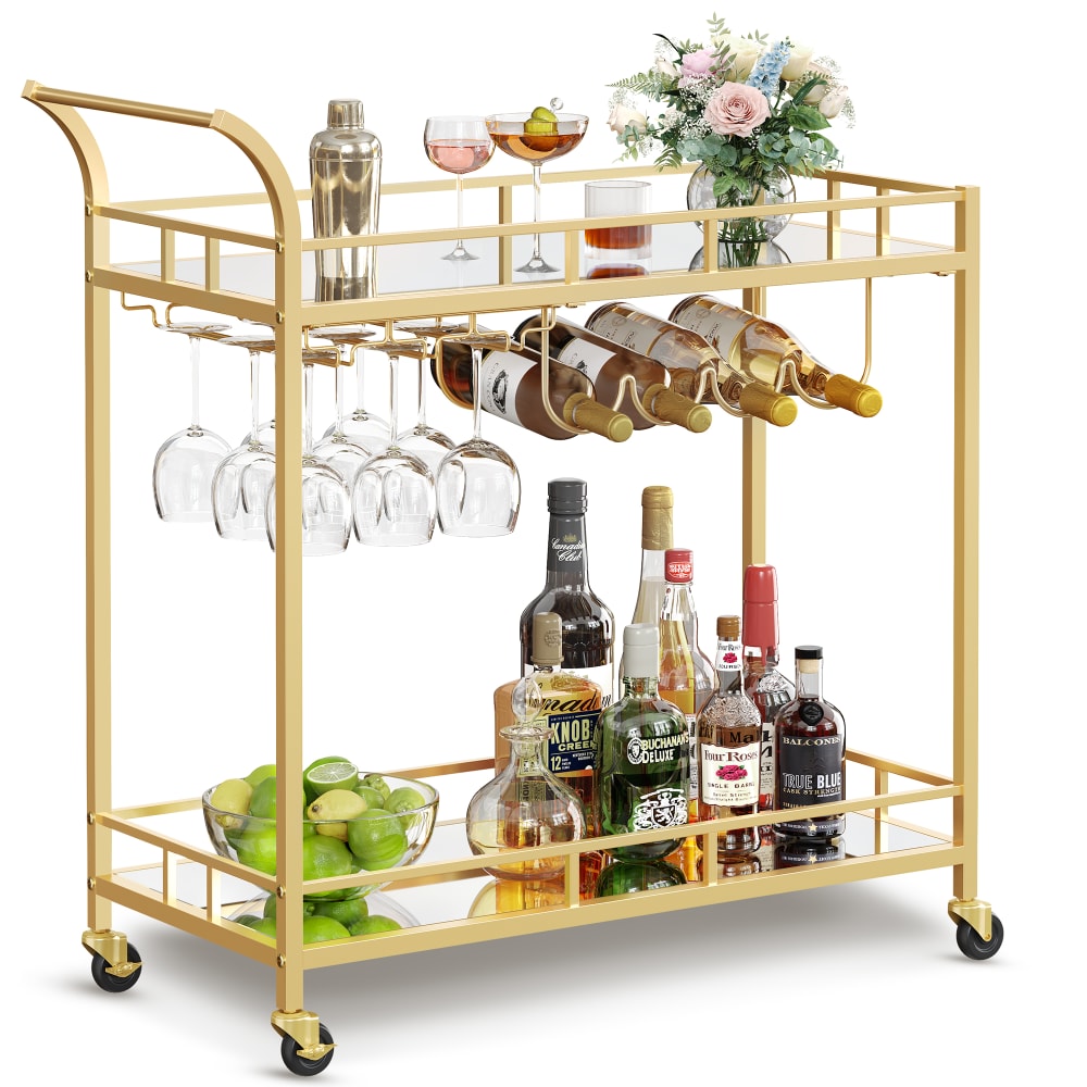 VASAGLE Desserte pour boissons 2 niveaux en verre réfléchissant style contemporain Doré Acier - 80x90x38cm