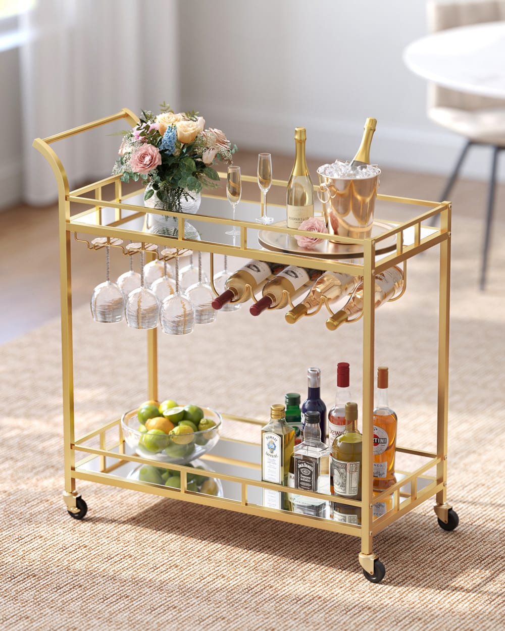 Desserte pour boissons à roulettes en acier doré