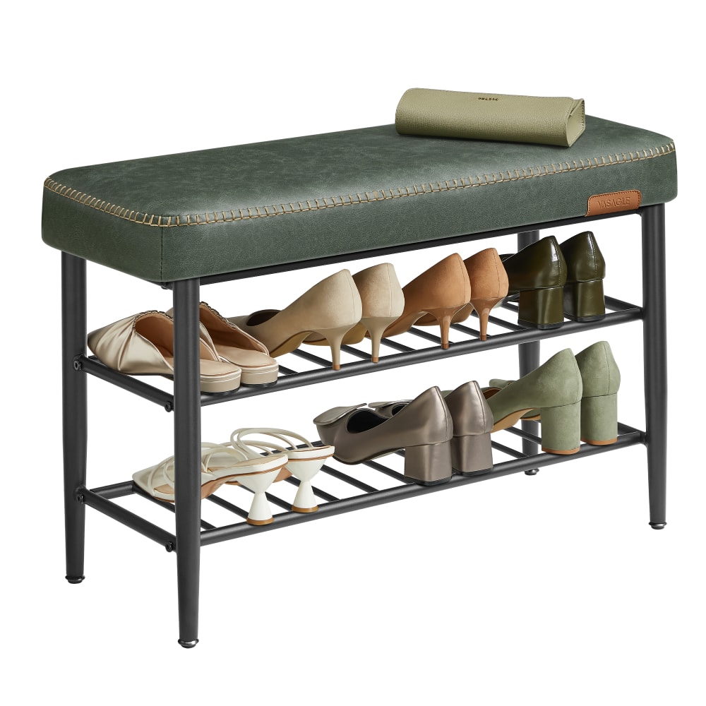 VASAGLE Banc à chaussures en pu forêt vert et noir style vintage Vert Acier - 80x50x30cm