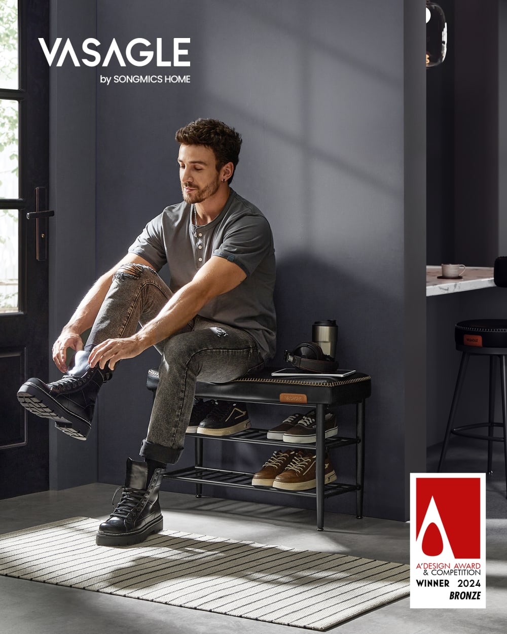 Banc à chaussures acier mousse de haute résilience 25d noir d'encre - Maisons du Monde