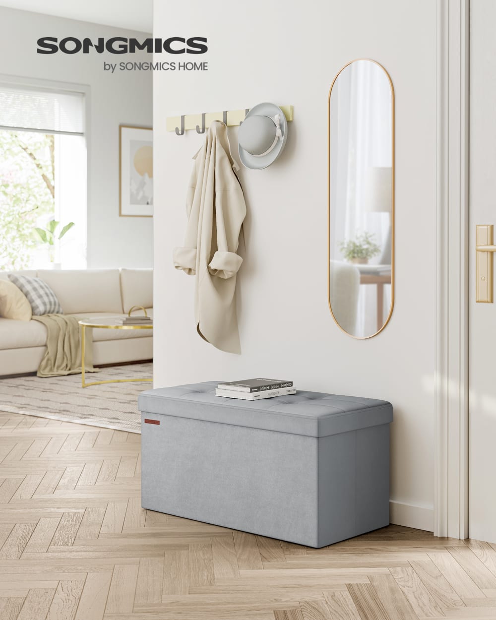 Banc de rangement pouf pliable bout de lit 76 x 38 x 38 cm gris - Maisons du Monde