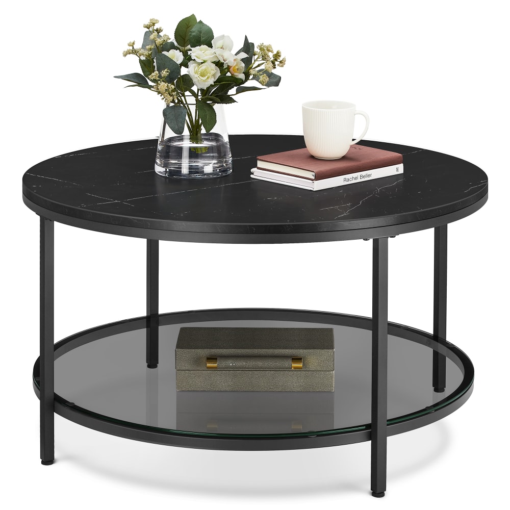 Table basse de salon canapé apéro façon marbre support en verre noir - Maisons du Monde