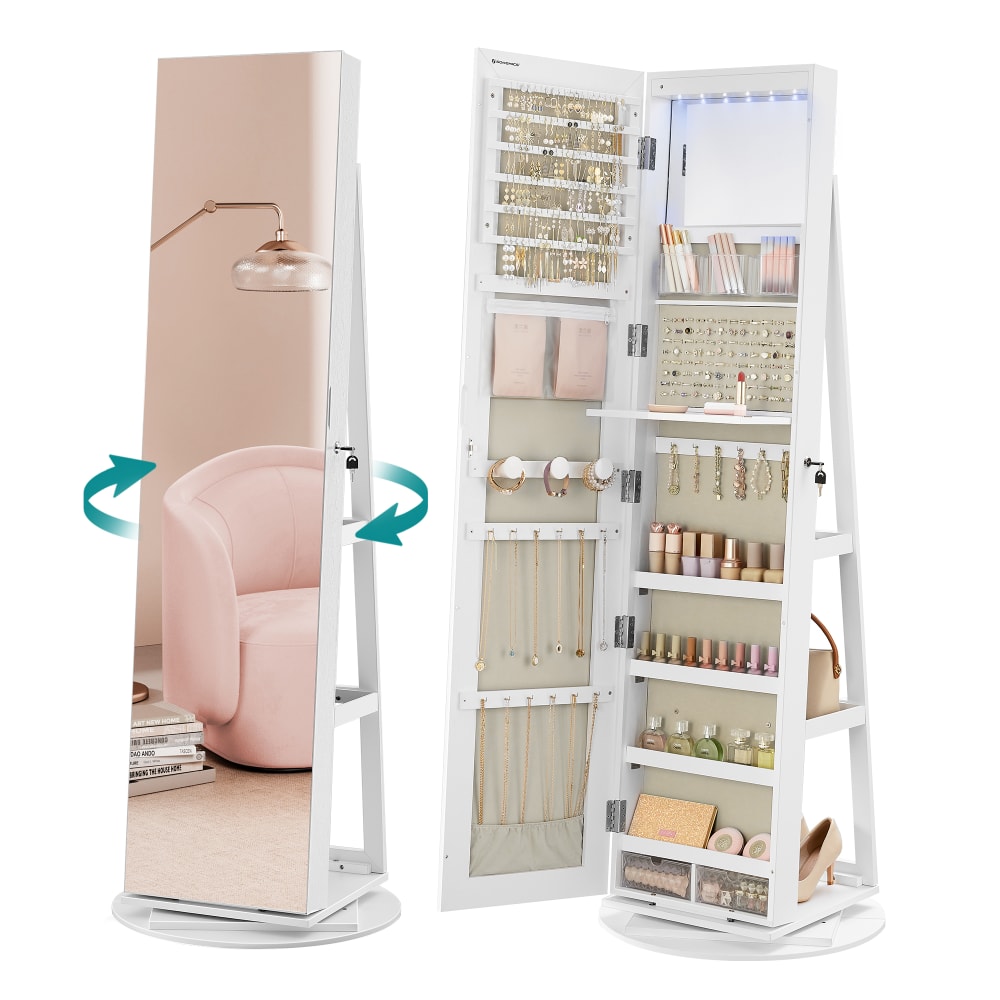 Armoire à bijoux sur pieds miroir psyché sans cadre blanc et noir