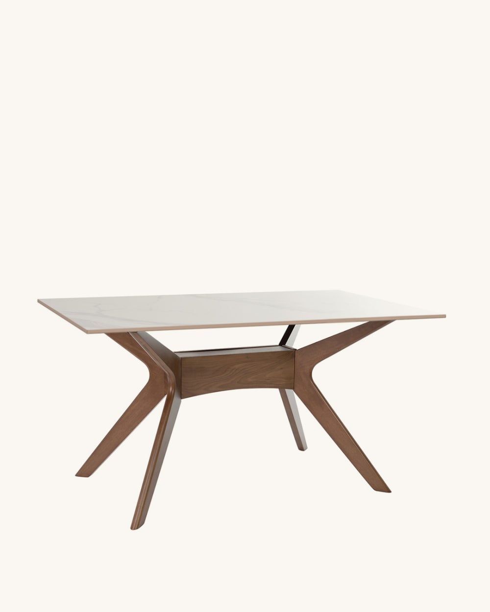 Table 140 avec plateau en porcelaine blanche et pieds en noyer